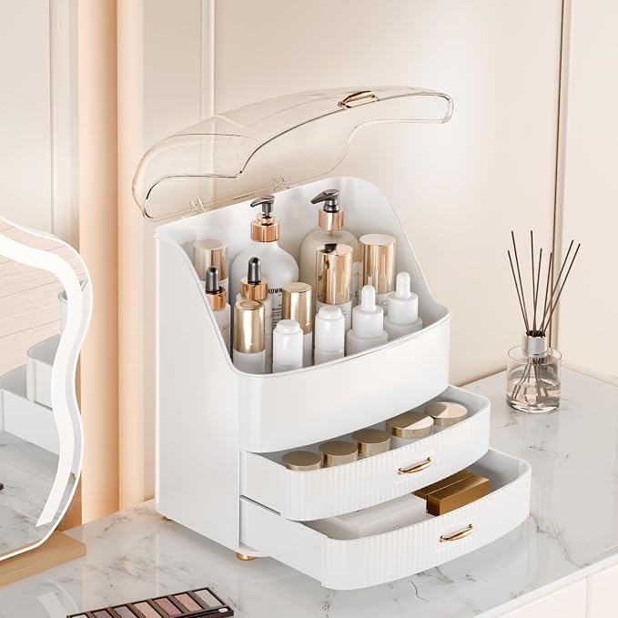 Makeup Organizer Countertop Vanity with Transparent Lid Drawers Waterproof Dustproof Cosmetic Skincare Bathroom Storage Gift for Women Teens Girls (White)