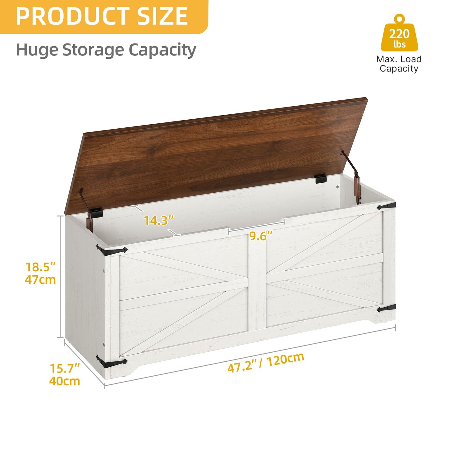 DWVO Storage Bench, 47.2" Farmhouse Storage Chest with 2 Safety Hinges, Wooden Utility Organizer, Shoe Bench for Entryway, Bedroom, Living Room, White and Walnut