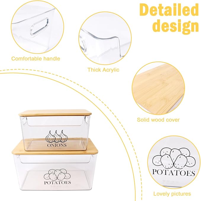 Potato & Onion Storage, Bamboo Lid, Transparent Acrylic Bin, 2 Set Stackable, Pantry & Kitchen Organizer