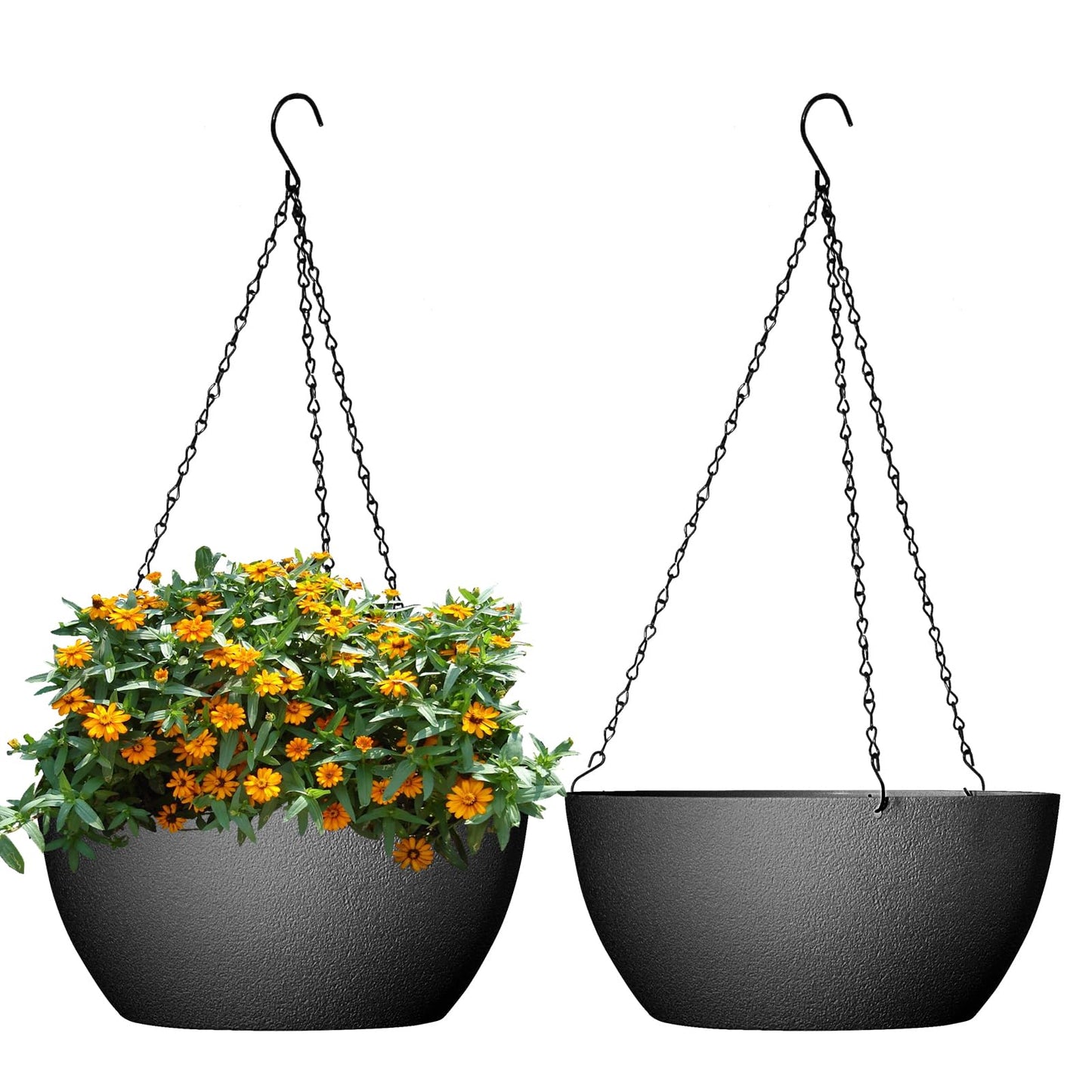 WSMKSZ 10 inch Hanging Planters for Outdoor Indoor Plants with Drainage Holes and Chain, 2 Pack Round Hanging Flower Pots for Garden Home Porch Decor, Black