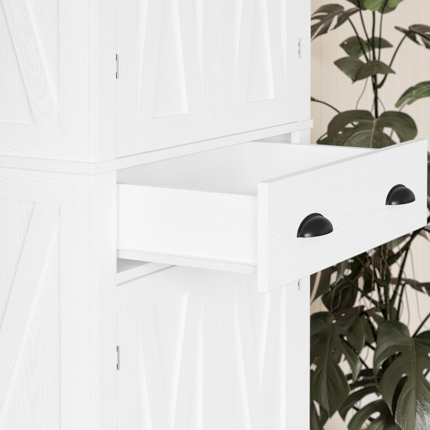 IRONCK Kitchen Pantry Storage Cabinet 72.6" H x 24" W, with Barn Doors, Drawer, 4 Adjustable Shelves, Freestanding Cupboard, Laundry, White