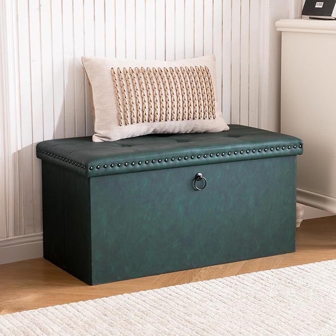 oakvivo Folding Storage Ottoman Bench, Leather Foot Rest Stools with Rivet Design, 15" D x 30" W x 15" H, Ottoman with Storage End of Bed Bench Footstool for Living Room Bedroom, Load 330 lb, Green