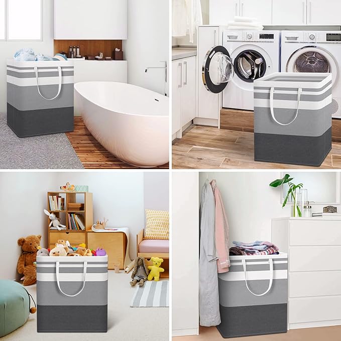 HomeHacks 3-Pack Large Laundry Basket, Waterproof, Freestanding Laundry Hamper, Collapsible Tall Clothes Hamper with Extended Handles for Clothes Toys in the Dorm and Family-(Gradient Grey, 88L)