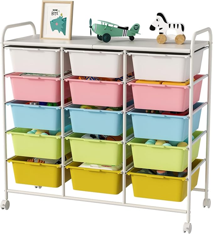 Ytaoka 15 Drawers Rolling Cart With Wheels, Plastic Storage Drawer With Metal Frame, Multipurpose Art Craft Organizer, Utility Cart for Home, Office, School, Multicolor
