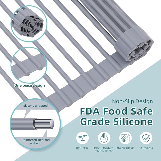 Ohuhu Over Sink Dish Drying Rack Silicone Wrapped 17.6" W x 15.4" L Large Over the Sink Roll Up Dish Drainer - Foldable Sink Drying Rack Rolling Drain Mats Anti-Slip Multipurpose for Kitchen Counter
