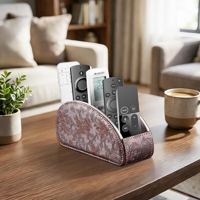 YAPISHI All-in-One Leather Brown TV Remote Holder with 5 Compartments Nightstand Desktop Media Player Remote Caddy Storage Box Organizer Tray for Mobile Office Phone Controller