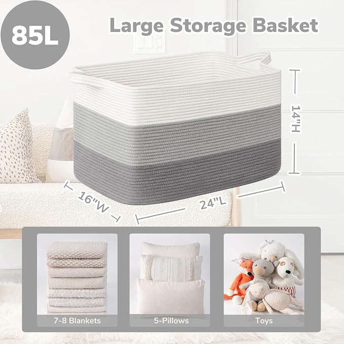 Goodpick 85L Large Woven Basket 23.6" x 15.7" x 13.8" Cotton Rope Storage Baskets for Organizing, Decorative Blanket Basket for Living Room Bedroom, Toy Baskets Storage Kids, Gray