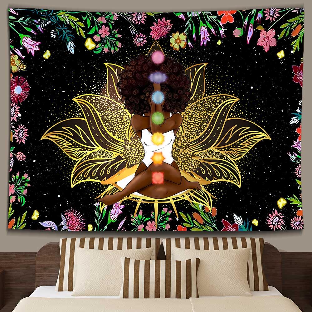 Ine Ive African Chakra Tapestry African American Woman Zen Meditation Tapestries 80x60 Inch Starry Sky Flower Garden Inspirational Afro Yoga Wall Art for Bedroom Dorm Decor