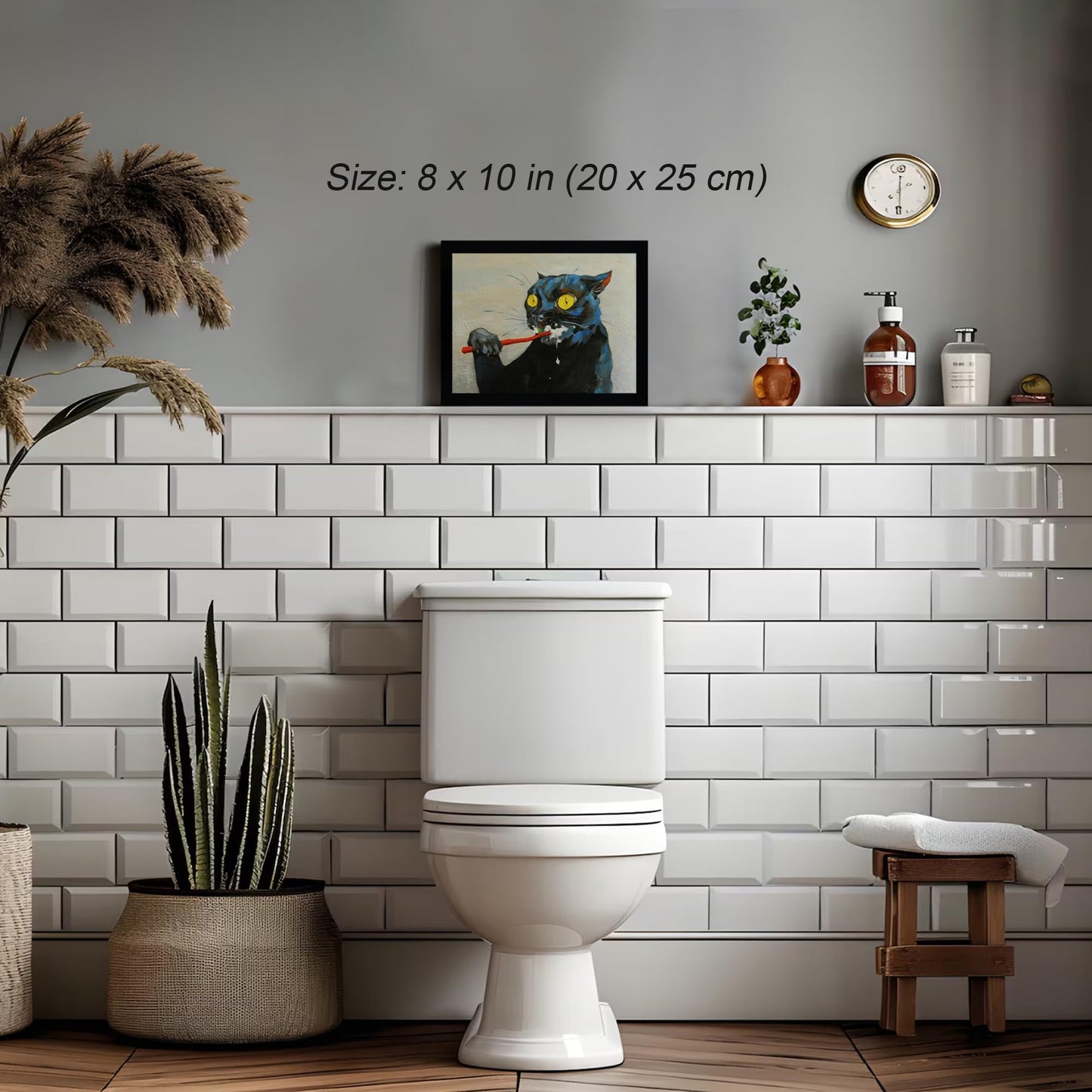 ICHZUMW Funny Black Cat Bathroom Wall Art Decor, Quirky Framed Canvas Print Painting of Cat Brushing Teeth, Humorous Animal Pictures Wall Decoration, Modern Home Artwork, Restroom Powder Room, 8x10in