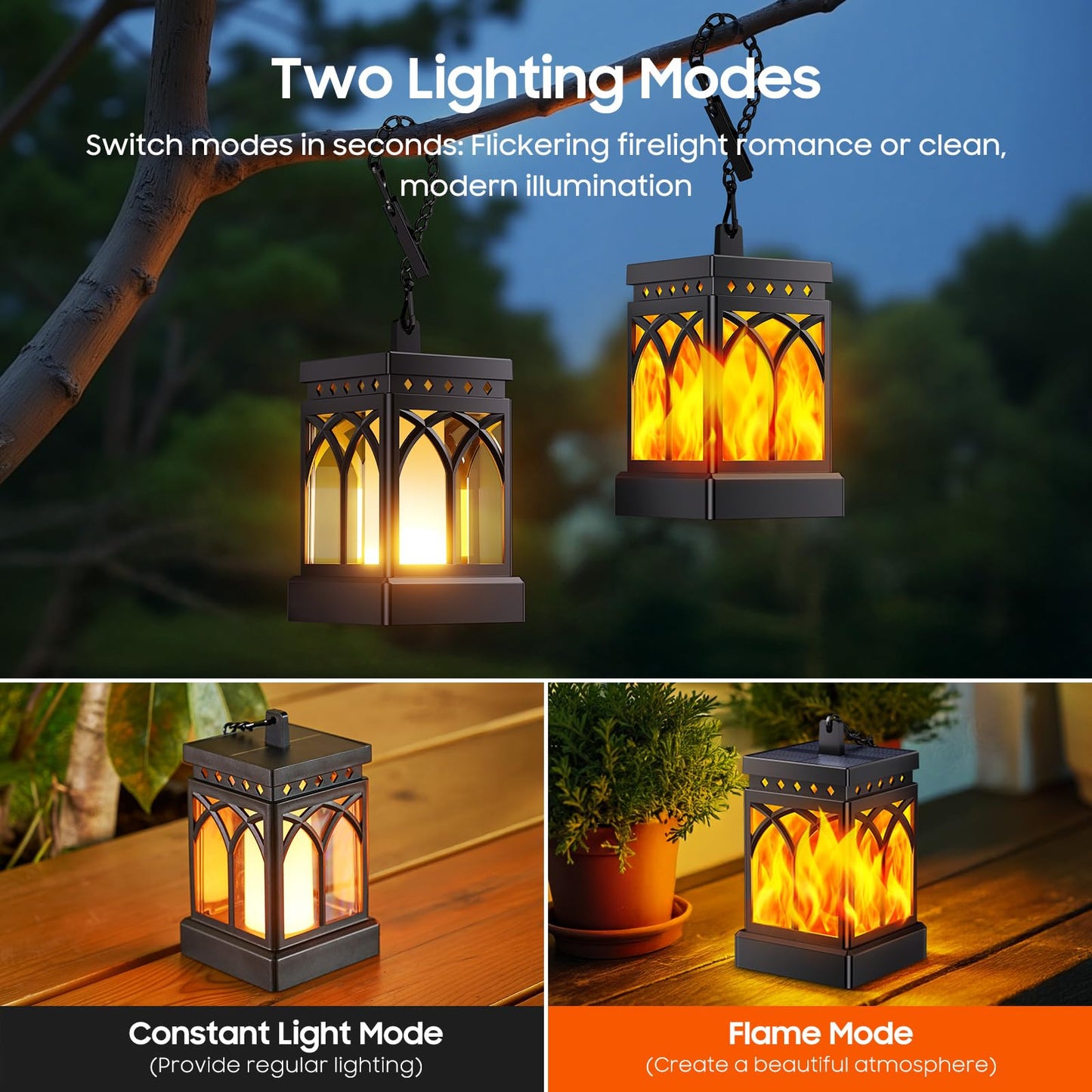KOOPER 4 Pack Solar Lanterns Outdoor Waterproof, Upgraded Flickering Flame Modes + Constant Modes Hanging Solar Lantern Lights for Outside, Lanterns Decorative Outdoor for Garden Table Yard Tree Decor