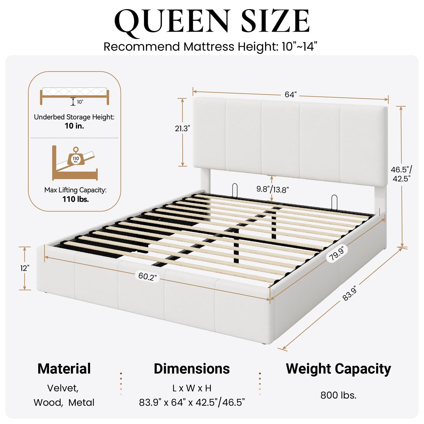 SHA CERLIN Queen Size Lift Up Storage Bed Frame, Adjustable Headboard, Hydraulic Support, Velvet Upholstered, Easy Installation, No Box Spring Needed, White