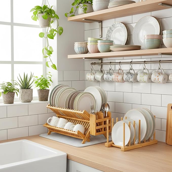 6 Pcs Plate Organizer Set for Cabinet 2 Tier Bamboo Collapsible Dish Rack with Utensil Holder Plate Holder and Mat for Kitchen Organizer Cabinet Pot Lid, Bowl, Cup, Chopsticks, Utensils