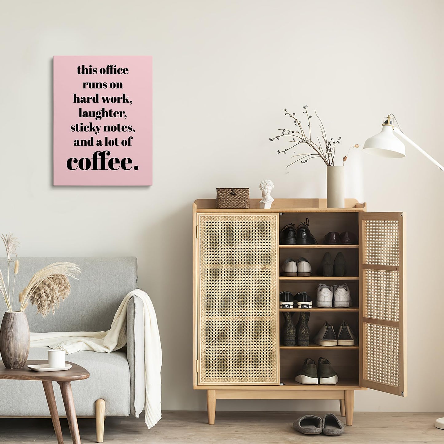 XWELLDAN Teamwork Quote Wall Art Canvas Print, Coffee Humor Workplace Decor, 11 x 14 Inch, Framed (Pink)
