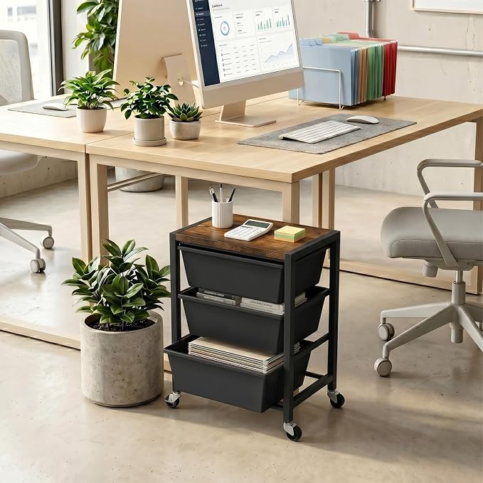 Rolling Cart with 3 Drawers, Plastic Drawer Storage Carts with Lockable Wheels & Wooden Tabletop, Metal Art Craft Utility Cart Organizer for Home Office Bedroom Dorm Bedside Classroom, Dark Black