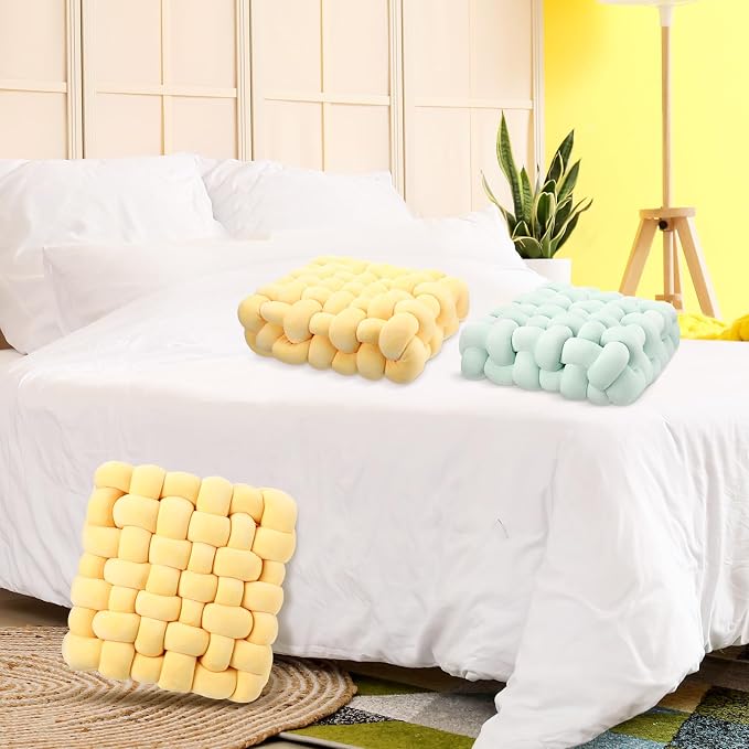 Wenqik 2 Pcs Knot Pillows Square Knotted Plush Throws Soft Accent Pillows Decoration Cushion for Couch Home Office Living Room Bedroom Bed Sofa Decor, 12'' x 13''(Goose Yellow,Crystal Velvet)
