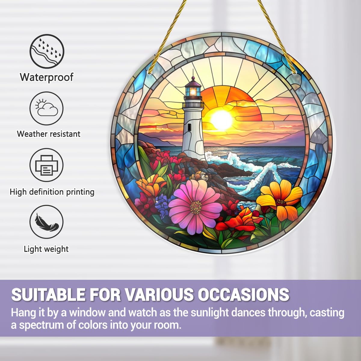 Vextrovia Gothic Lighthouse Wall Art, Stained Glass Sunrise and Floral Circular Hanging, Medieval Styles Motifs, Easy to Hang, Shatterproof Acrylic for Coastal Living Room Decor, 8x8 Inch