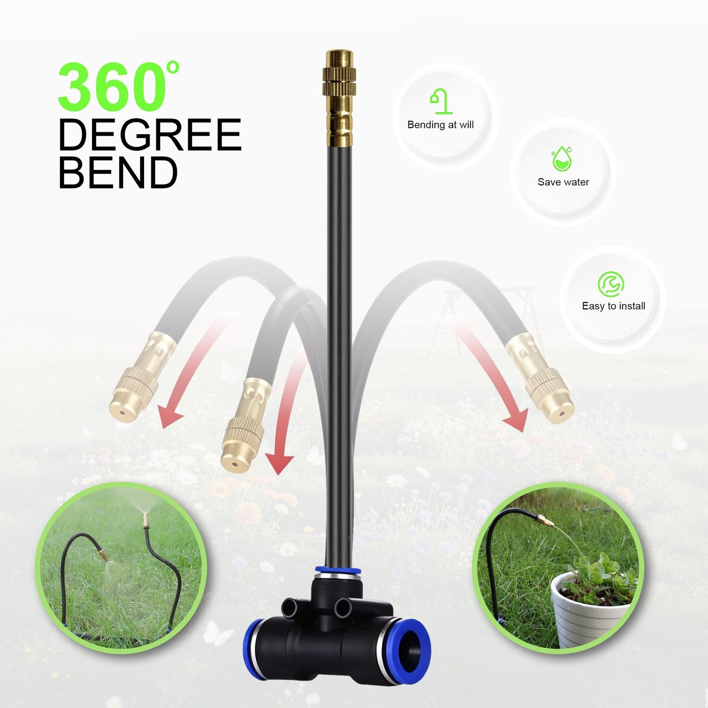 30FT 360° Mist Spray Drip Irrigation System - Garden Watering Kit with 10 Fine Mist Nozzles, Adjustable Atomizing Sprinkler for Greenhouse, Potted Plants, Raised Beds, Yard, 1/4 inch Hose
