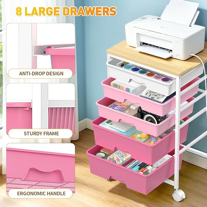 SUNALLY Rolling Storage Utility Cart With 5 Drawers, 5 Tier Rolling Cart with Wooden Tabletop and 2 Lockable Wheels, Storage Drawer Cart for Craft Art Supply Storage & Home Office Organization, Pink