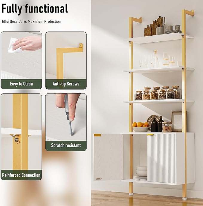INNOD 74" Tall Bookshelf with Storage Cabinet, Modern Ladder Shelf with Wood and Metal Frame, Wall Mount Bookcase Open Display Shelf Furniture for Living Room, Bedroom, Home Office, Gold
