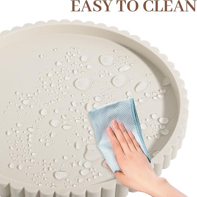 Round Bathroom Tray Silicone Kitchen Counter Decor Vanity Organizer Decorative Coffee Table Tray for Perfume, Candle, Soap Dish, 9 Inch, Beige