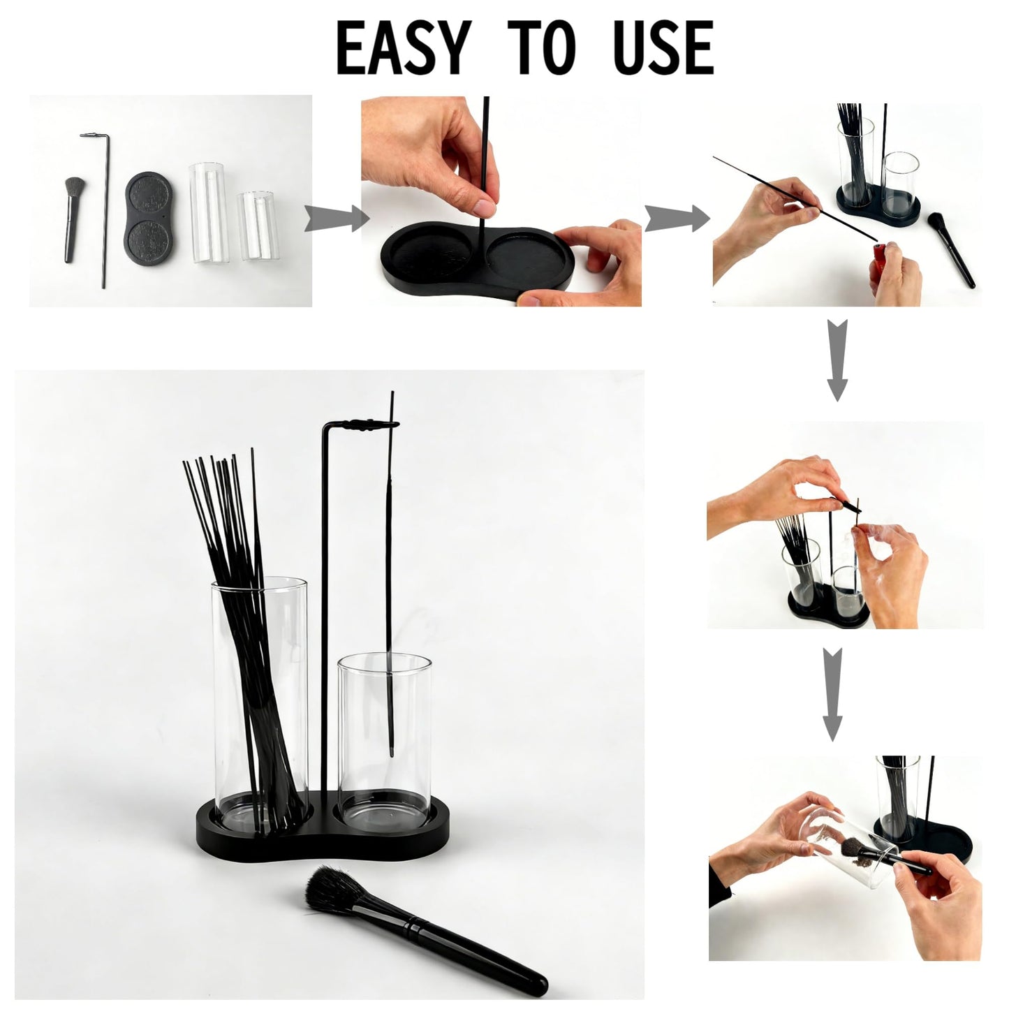 2 in 1 Black Incense Holder for Sticks with Glass Ash Catcher, Anti-Ash Incense Burner for Yoga Meditation Spa, Sleek Minimalist Decor & Incense Holder for Men, Includes Ash Brush