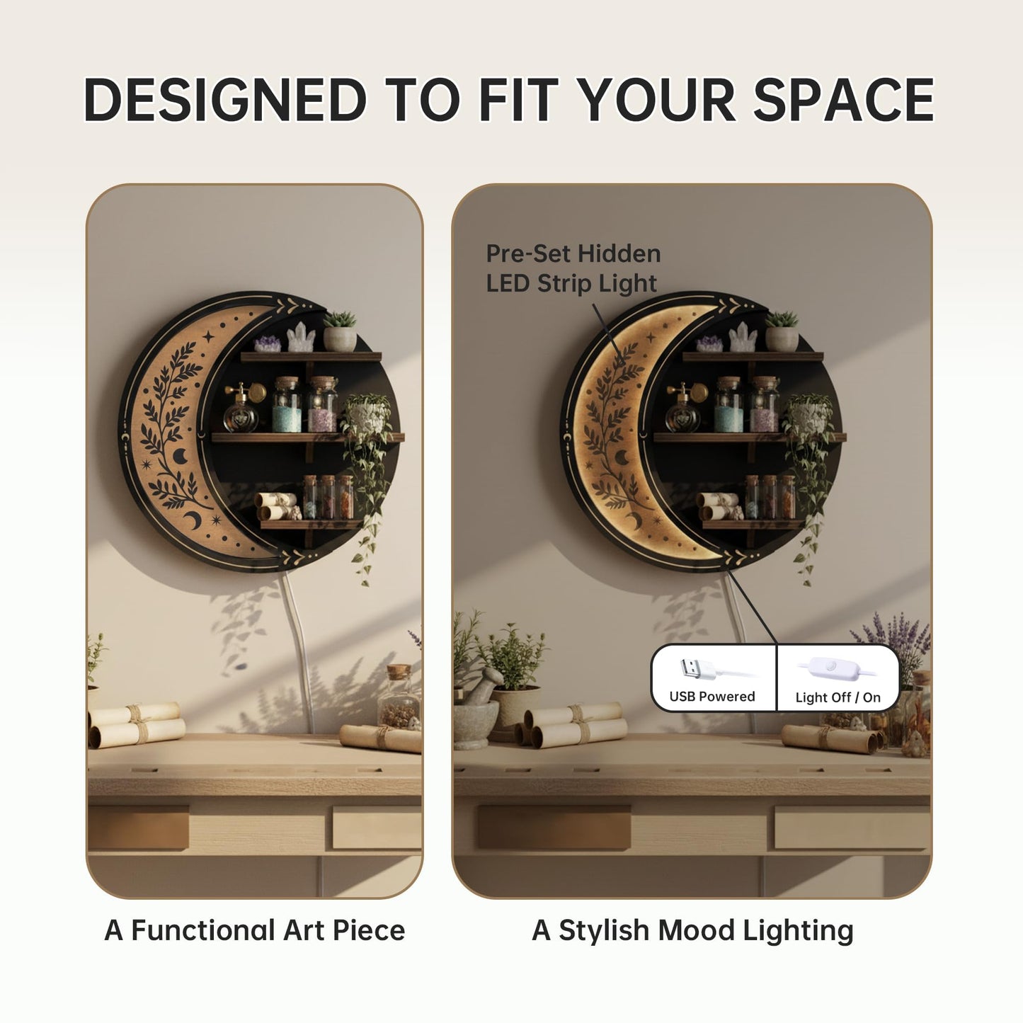 FNYDOX Wall Shelves for Bedroom, Crescent Moon Shelf with LED Light, Witchy Whimsical Celestial Room Decor Aesthetic, Wooden Floating Shelf for Trinket Knick Knack Crystal Rock Gem Essential Oils