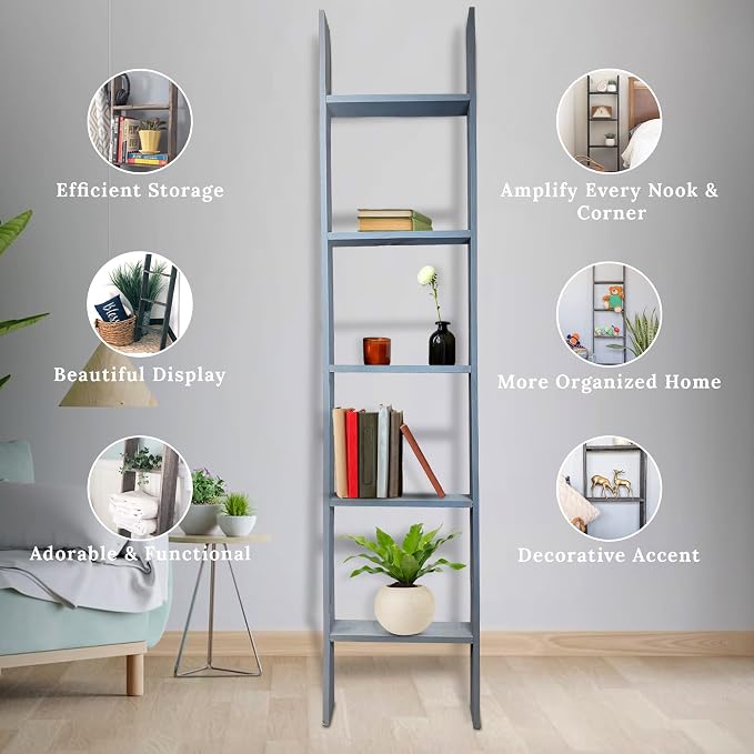 BARNWOODUSA Throw Blanket Ladder – Fully Assembled Reclaimed Wood – Rustic Decorative Ladder for Towels, Quilts, & More – Perfect Decor for Bathroom, Porch, or Living Room,5-foot Slate Blue