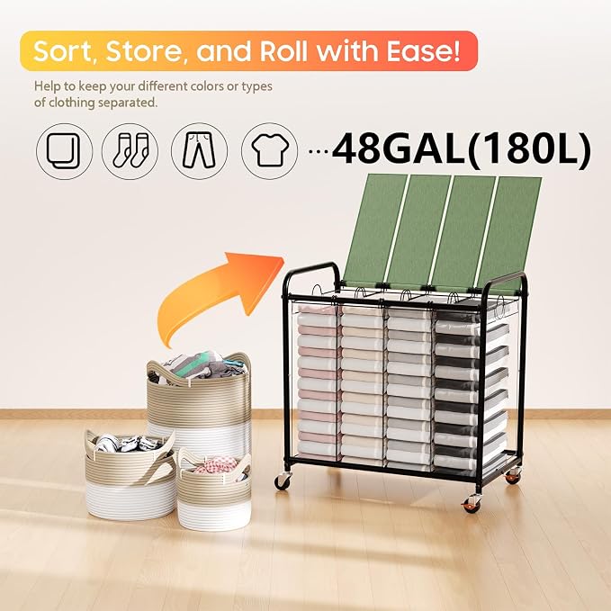 Laundry Sorter 4 Sections 48 Gal, Rolling Laundry Basket with Lockable Wheels and Lid, Laundry Hamper with 4 Separated Removable Bags Dirty Clothes Hamper for Laundry Room Organizer, Green