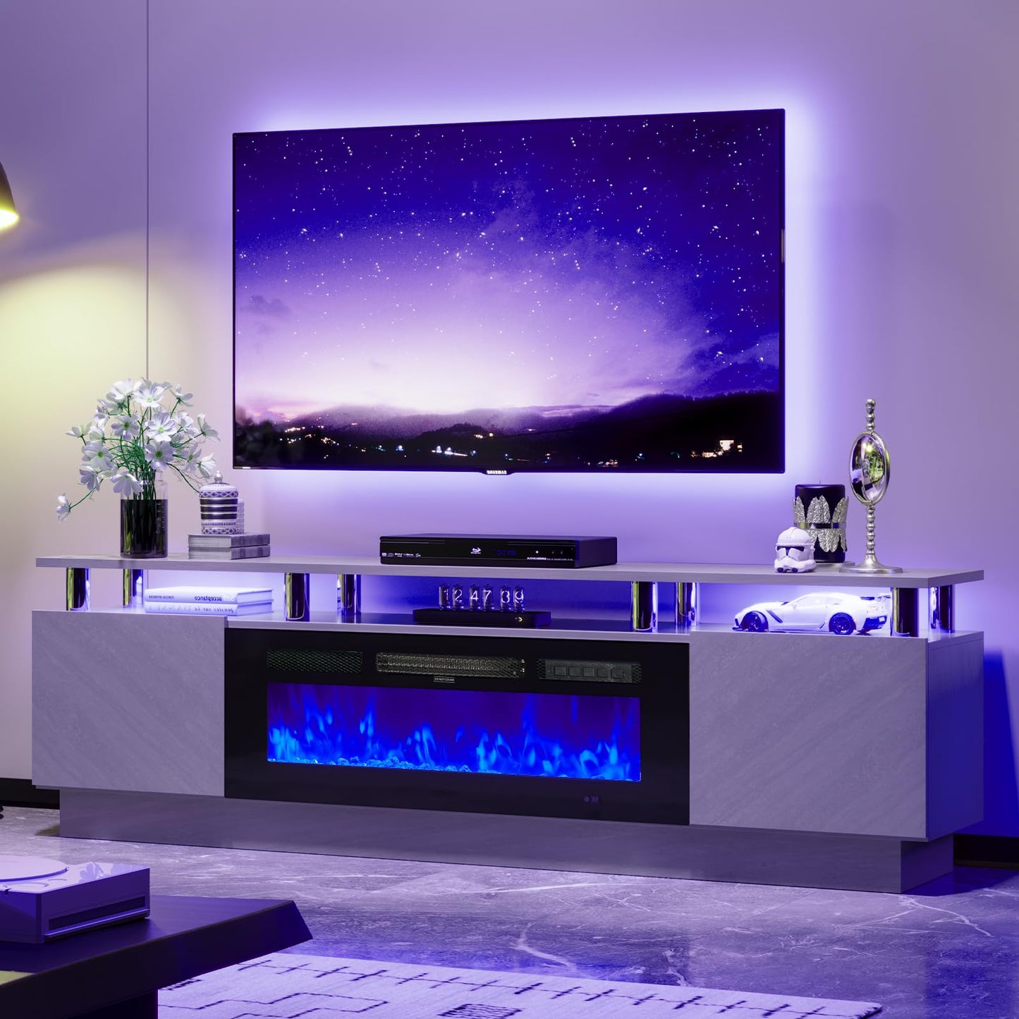 OneBlis 70" TV Stand for Living Room, Entertainment Center with Storage Cabinet, Fits TVs up to 80", Modern Media Console with Shelves, 36" Electric Fireplace (Grey+Black)