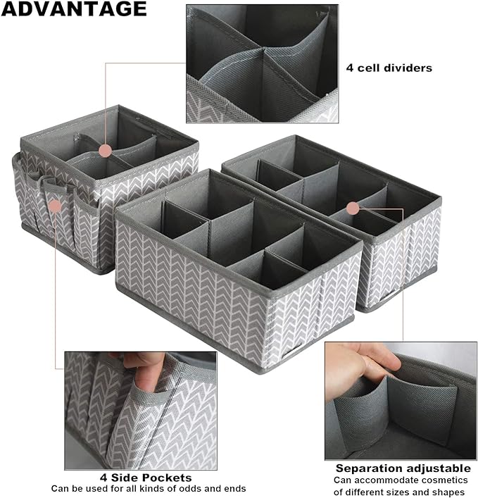 Cosmetic Storage Bins Makeup Organizer, Adjustable Multifunction Storage Box Desk Drawer Divider for Makeup Brushes, Bathroom Countertop or Dresser, Set of 3 (Grey)