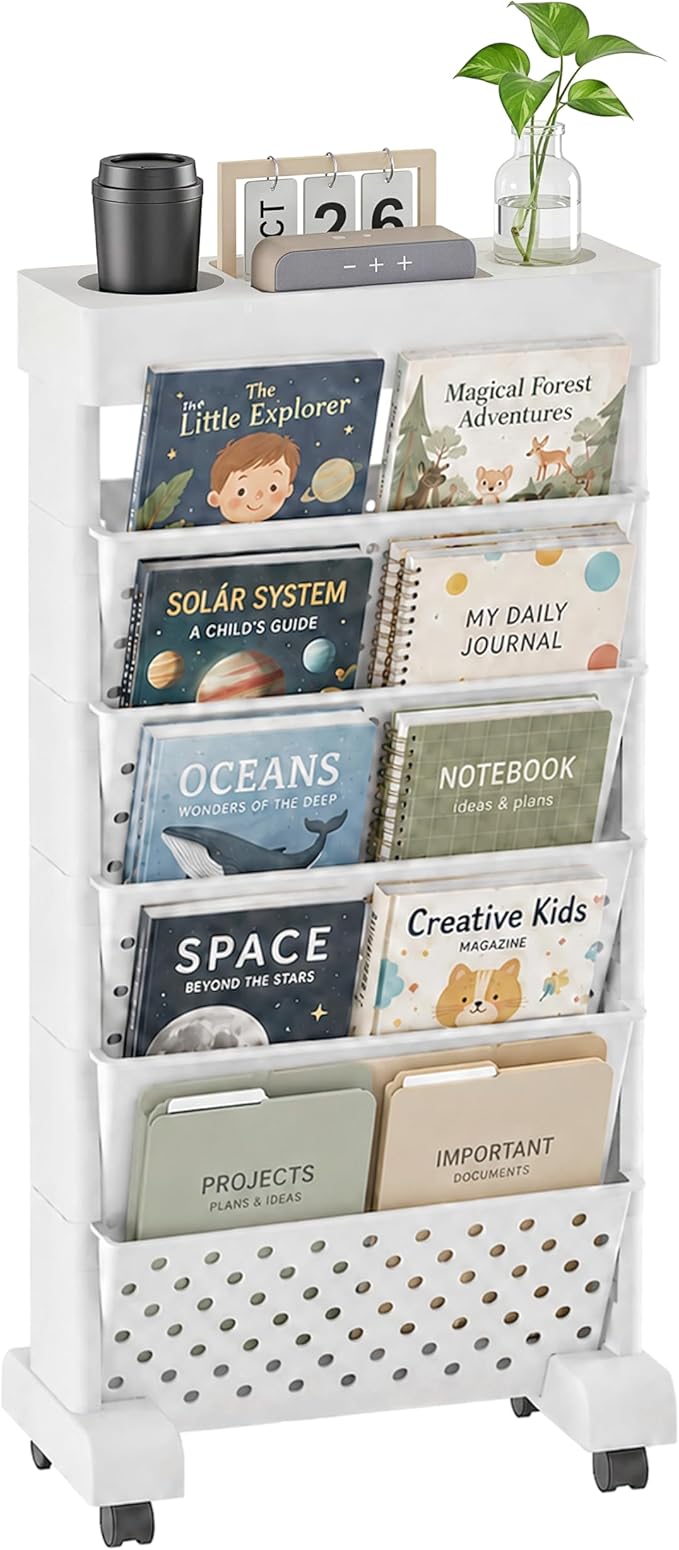 6-Tier Bookshelf, Book Storage Organization with Wheels Mobile Rolling Bookshelves Cart for Home Office Kids’ Study Room School, White
