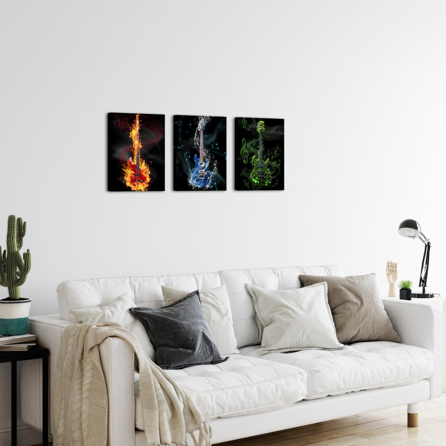 iLOOKLiKE 3 Pieces Red Blue Green Guitar Art Wall Decor Musical Instruments Themed Painting Pictures Music Notes Canvas Prints Framed for Studio Living Room Decoration Ready to Hang 12x16inchx3pcs