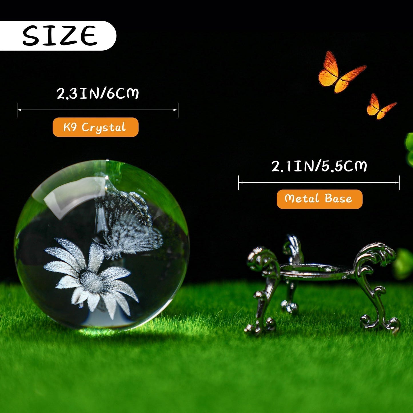 HDCRYSTALGIFTS 60mm Butterfly Crystal Ball Paperweight,3D Laser Engraved Butterfly on Sunflower in Glass Ball with Stand Decorative Glass Sphere Home Decor Gifts for Women Girls