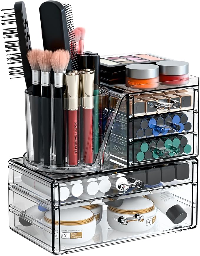 Clear Acrylic Makeup Organizers for Vanity,Countertop,3 Pack Make up Drawer Organizer With Makeup Brush Holder,Plastic Skincare Organizers for Hair Accessories,Beauty,Hair Products,Bathroom,Dresser