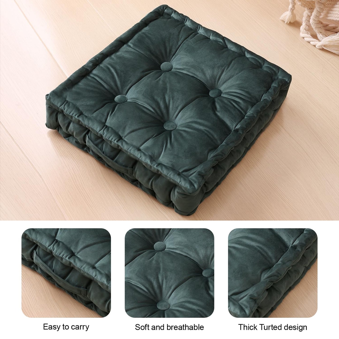 RuzRhyth Square Floor Pillows, Large Floor Cushion for Adults Kids, Meditation Floor Pillow Seating Cushion with Shredded Memory Foam and Silk Wadding, 20"x20"x5" Dark Green