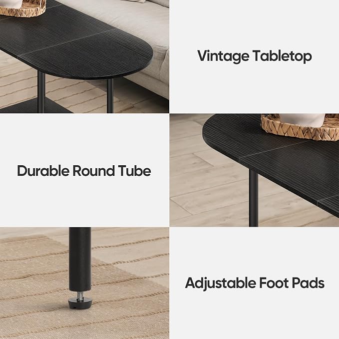 Black Coffee Tables for Living Room,Mid Century Oval Small Center Table with Storage Shelf and Wood Tabletop,2-Tier Farmhouse Low Cocktail Tea Table for Small Space,Apartment