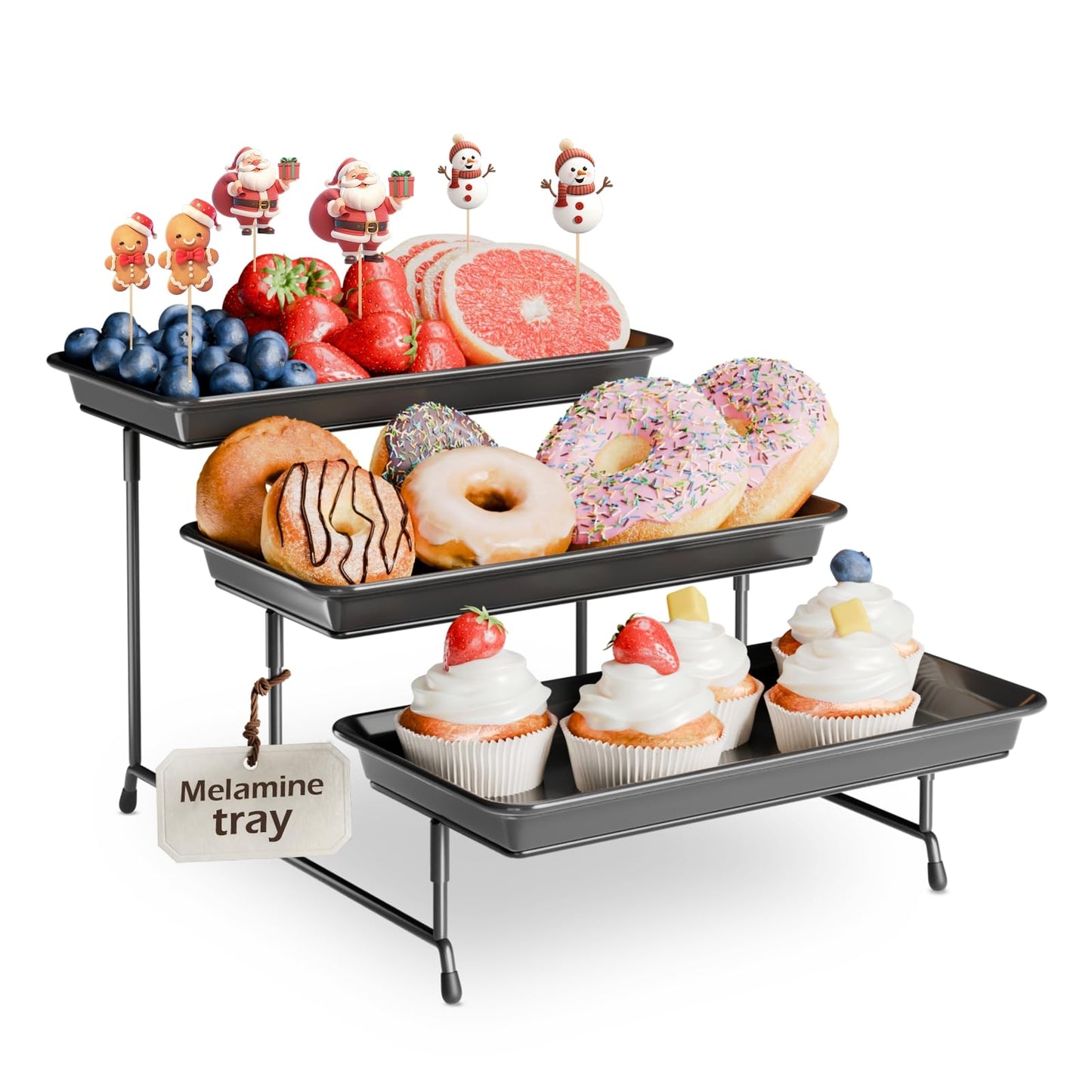 3-Tier Melamine Serving Tray Set, 11.5" x 5.6" Platters for Serving Food, Black Reusable Trays with Black Metal Display Stand for Cupcakes, Sevring Food, Dessert, Fruit, Cookie, Black