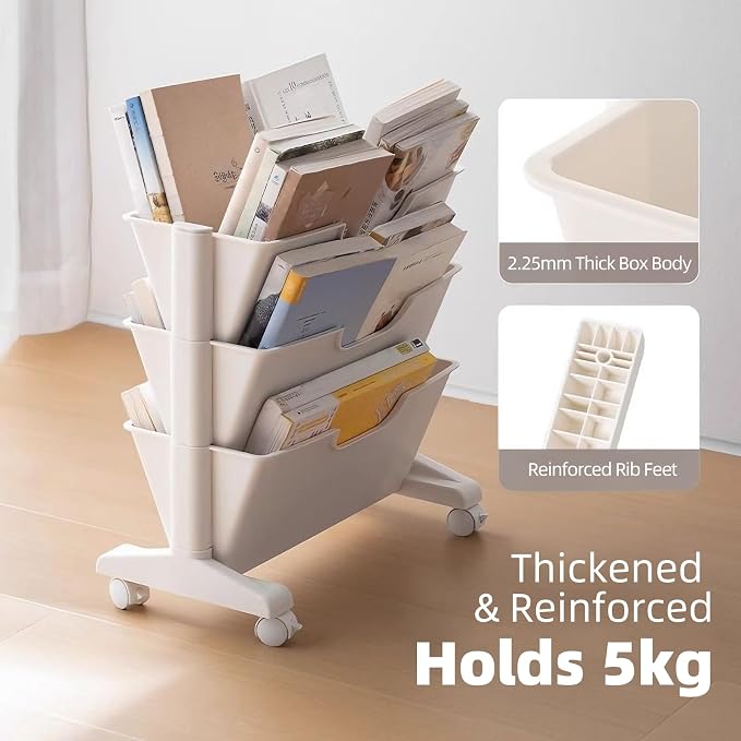 3 Tier Rolling Utility Cart Multi-Functional Movable Storage Book Shelves with Lockable Casters for Study Office Kitchen Classroom, White (Whtie, 3 Tier with Wheel)
