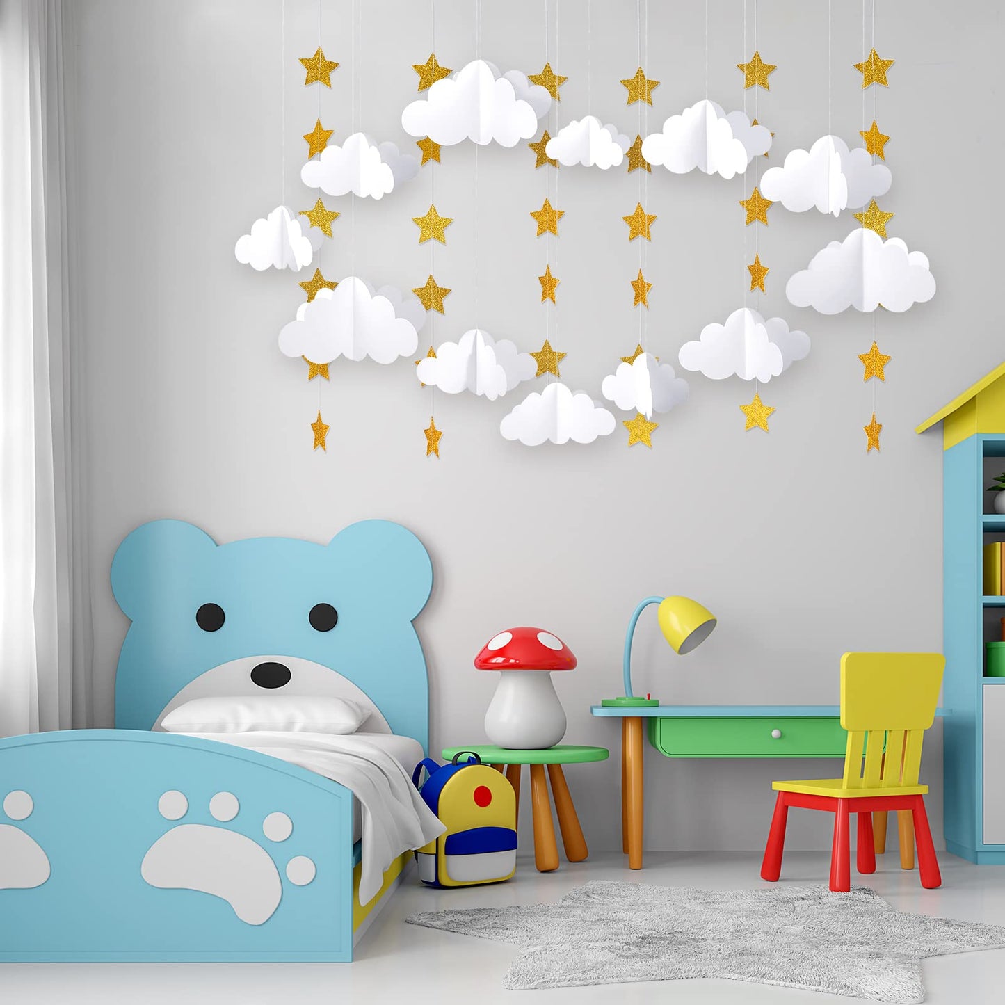 Hotop 18 Pcs 3D Cloud Party Decorations Hanging Clouds with Stars Garland White Paper Decorations for Baby Shower Wedding Ceiling Party Room Decor