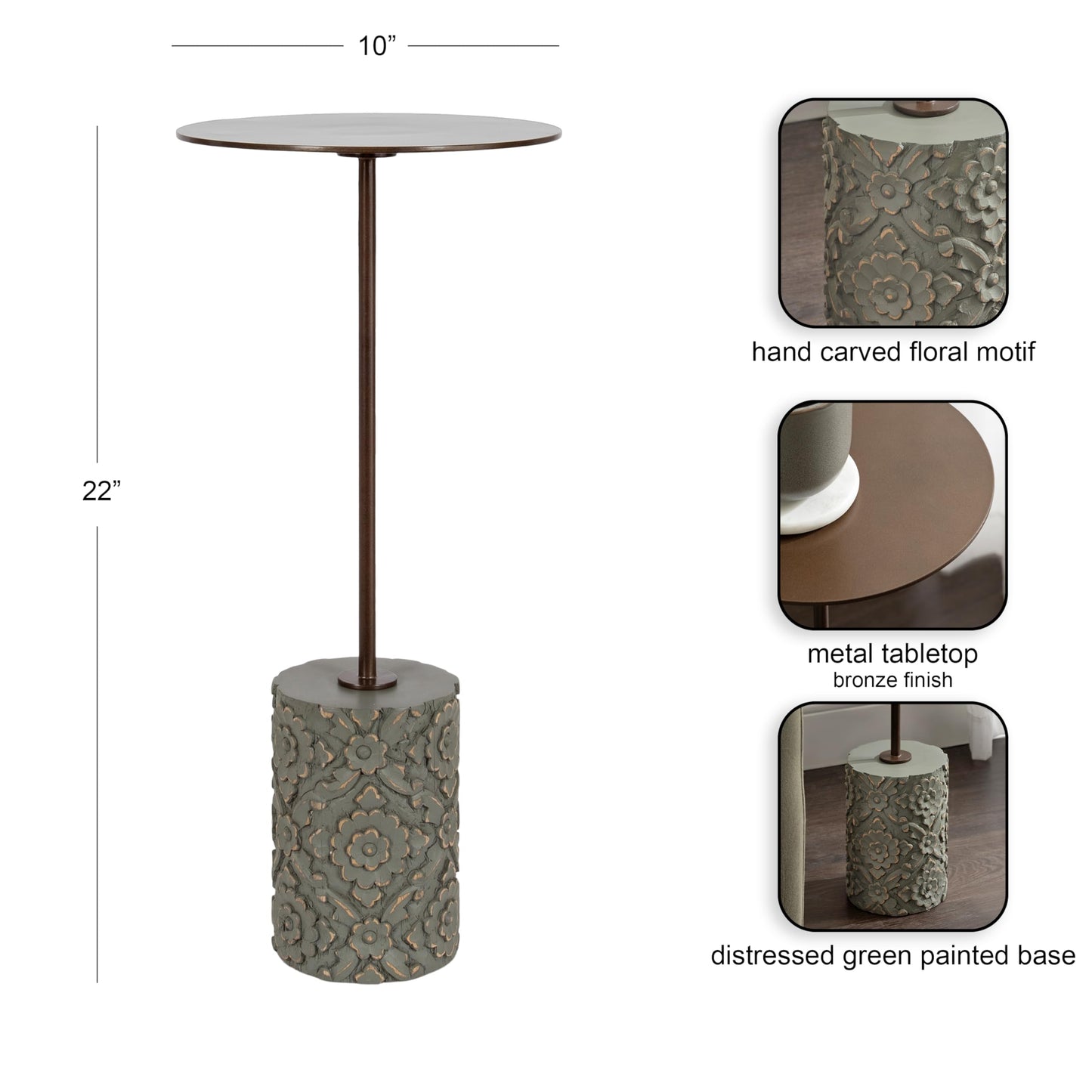 Kate and Laurel Joya Modern Round Drink Table with Carved Wood Base, 10 x 10 x 22, Bronze and Green, Transitional Wood and Metal Pedestal Table for Use as Indoor Plant Stand or Living Room Decor