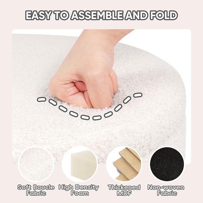 PINPLUS Round Storage Ottoman Foot Rest Stool with Tray Velvet Sherpa Folding Storage Ottoman,Boucle Foot Rest for Living Room, Bedroom, Dorm,White Color
