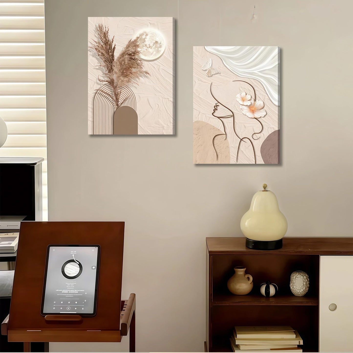 TJRRKYHY 2Pcs Modern Boho Abstract Canvas Wall Art Beige Minimalist Woman Line Art Decor Neutral Geometry Prints for Living Room Bedroom Bathroom Home Decor (12x16in canvas)