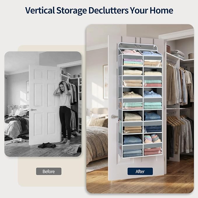 Yecaye Over The Door Organizer, 5 Tier Extra Large Behind Door Storage of 10 Compartments, 80lbs Heavy Duty Door Organizer Hanging with Clear Window for Closet Bedroom Pantry Bathroom, Grey