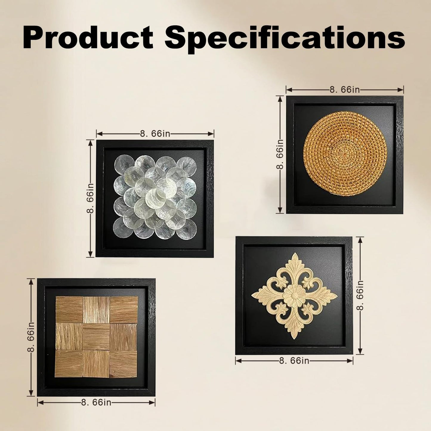 DREMECH Handmade 4-Piece Wall Art Set - Natural Shell/Rattan/Wood/Carved Decor with Black Frame | Unique Boho/Modern Home Decor for Living Room, Bedroom | One-of-a-Kind Artisan Wall Hangings