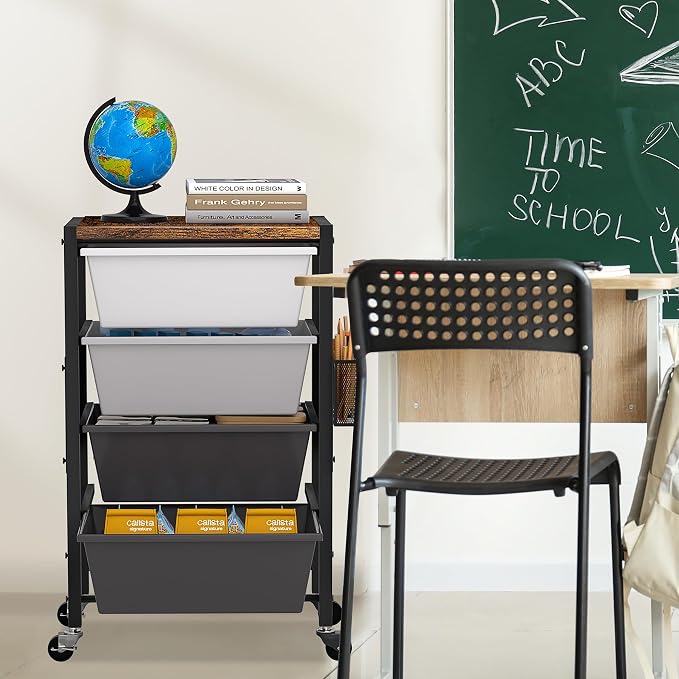 Rolling Cart with Drawers, Rolling Storage Cart with Large Plastic Drawers & Wooden Tabletop, Utility Cart with Pegboards & Basket, Storage Drawers Cart for Living Room, Classroom, Bedroom, Office