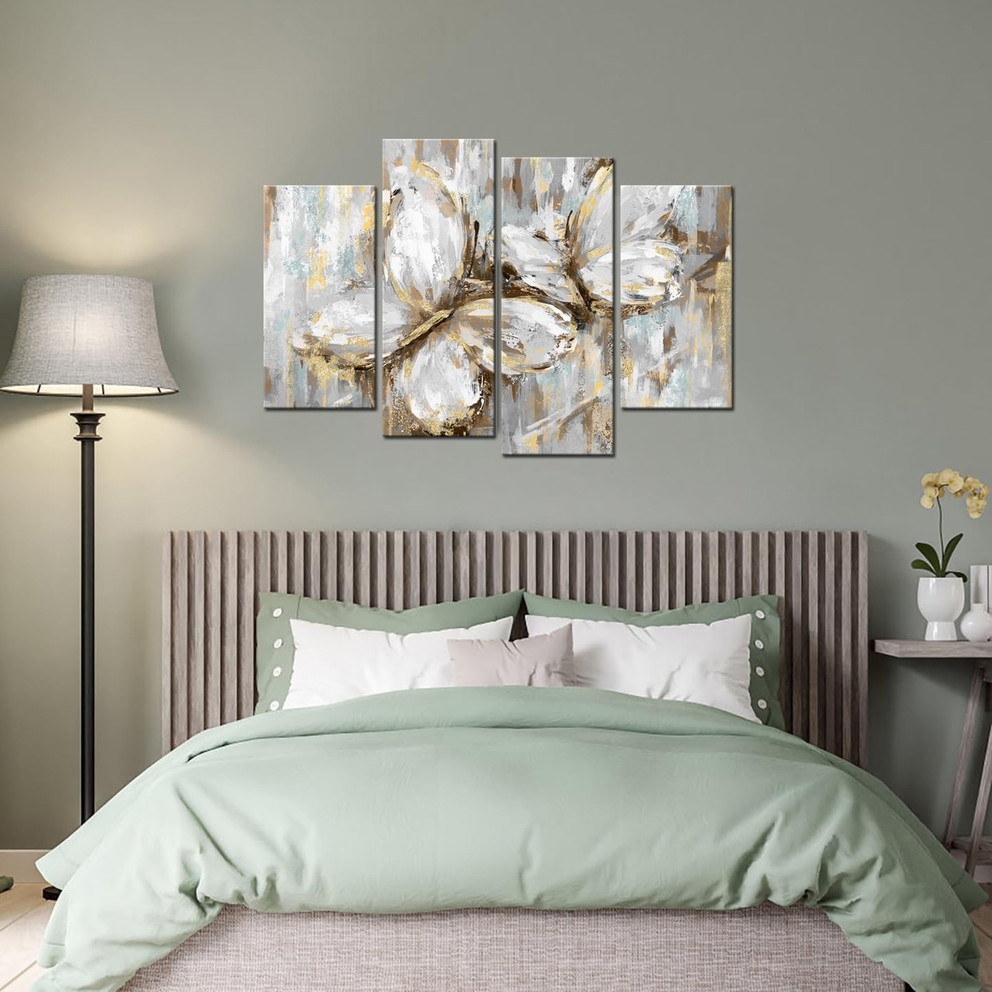 Biuteawal 4 Panel Abstract Butterfly Canvas Wall Art Cute Animal Picture Prints Modern Gold and Blue Painting Still Life Artwork Home Bedroom Living Room Decor Gallery Wrap