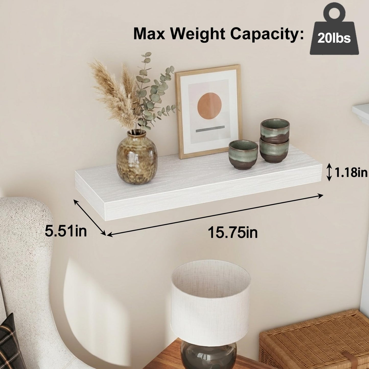 Fixwal White Shelves for Wall, 15.8in Rustic Wood Finish Floating Wall Shelves Set of 4, Shelves for Wall Decor, with Invisible Brackets for Bathroom, Living Room,Bedroom and Kitchen