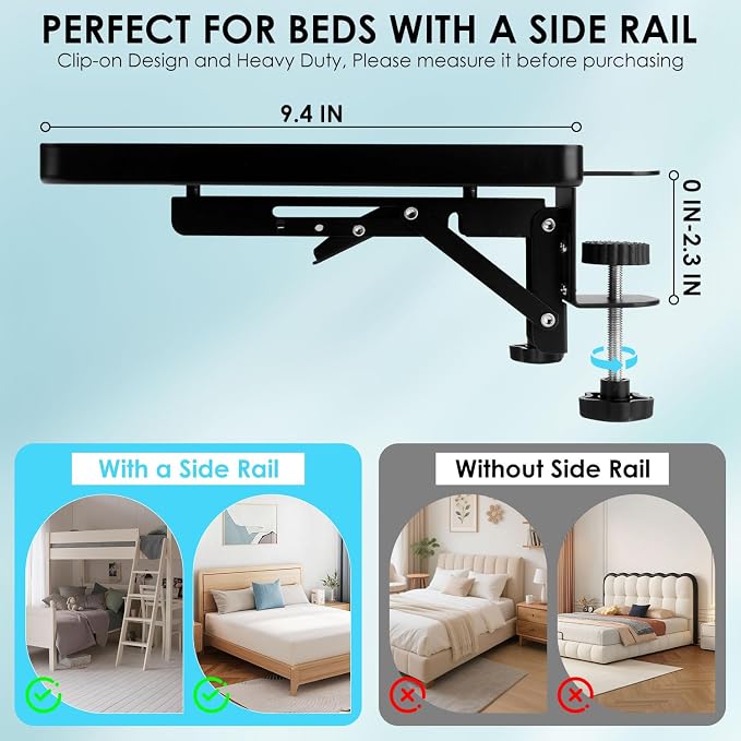 Bedside Shelf Foldable, Heavy Duty Bed Shelf for Dorm Room Bunk Bed & Top Bunk, Metal Clip-On Bedside Table Tray for College Dorm Room Essentials Loft Nightstand Organizer Tray with 3 Cord Hole