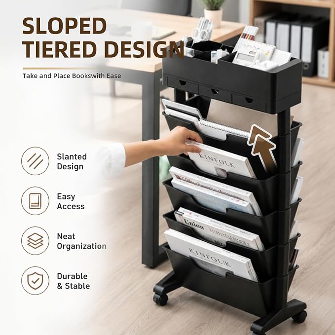 5 Tier Rolling Utility Cart Multi-Functional Movable Storage Book Shelves with Lockable Casters for Study Office Kitchen Classroom, White (Black, with Wheel)