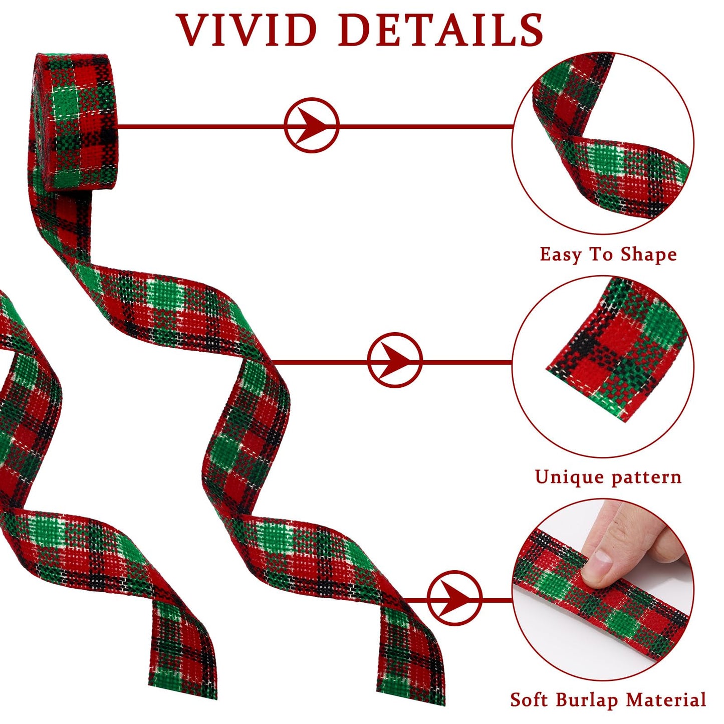 Whaline 10 Rolls 50 Yards Christmas Burlap Ribbon Rolls 1 Inch Wired Plaid Wrapping Ribbons Xmas Decorative Ribbon for Wreath Bow Gift Decor